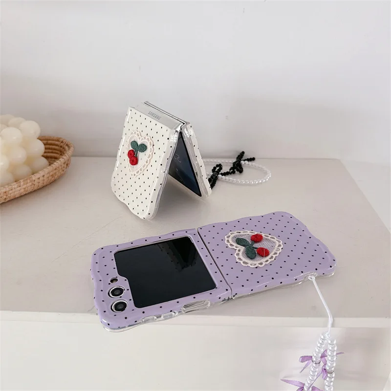 Embroidered Cherry Phone Case for Samsung Galaxy Z Flip 6 5 4 3 Protective Back Cover for ZFlip4 ZFlip5 ZFlip6 Case