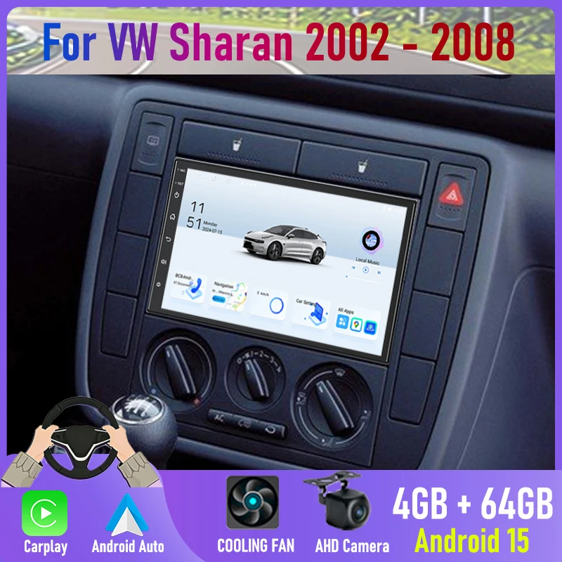 7''  For VW Sharan 2002-2008 Car Radio Stereo Android 15 Auto Navi CarPlay Rear Camera Head Unit GPS FM BT Google Map Wifi 2DIN