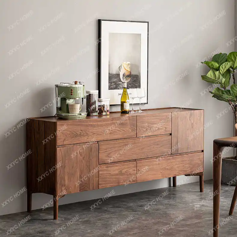 Black Walnut Wood Sideboard Cabinet Nordic and Japanese Style Living Room Light Luxury Solid Wood Wine Cabinet