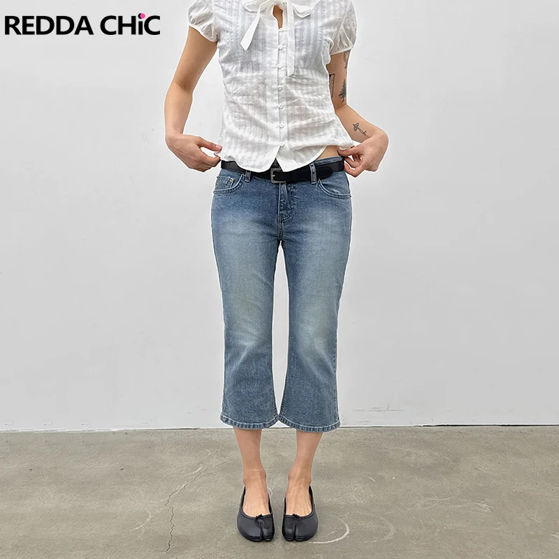 

REDDACHiC Work Casual Women Capri Flared Jeans Vintage Low Rise Slim Do Old Plain Bermuda Shorts Versatile Korean Summer Clothes