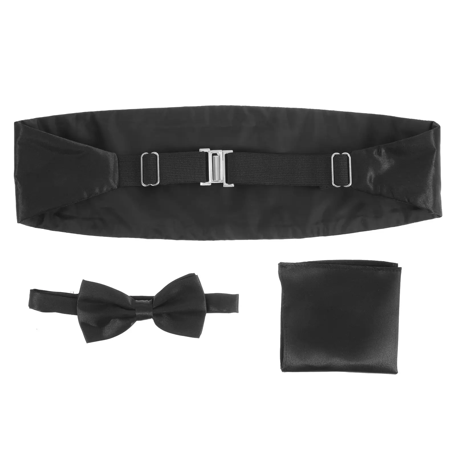 

Shiny Bow Tie Cummerbund Set for Formal Wear Tuxedo Made of Satin Polyester Silver Clip Adjustable Men Accessories Pocket Hankie