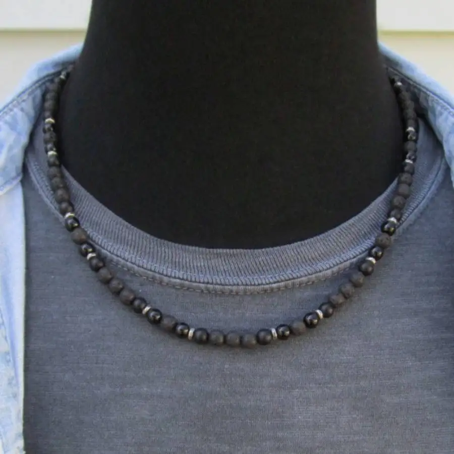 

Natural Lava Rock & Black Onyx Bead Choker Necklace Men's Adjustable Ethnic Jewelry