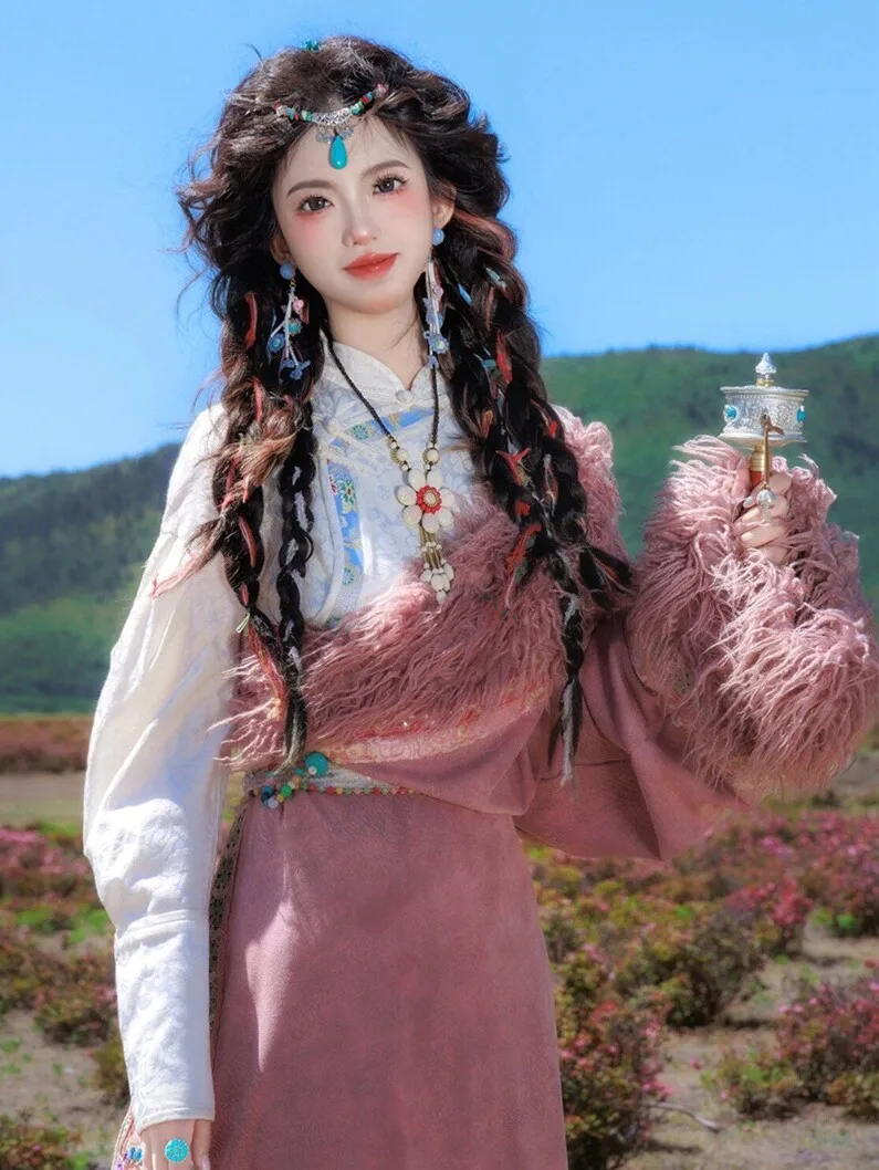 

High-End Tibetan Long Robe Women's Pink Spring Autumn Photoaphy Ethnic Wear Stage Costume Traditional Tibetan Clothing