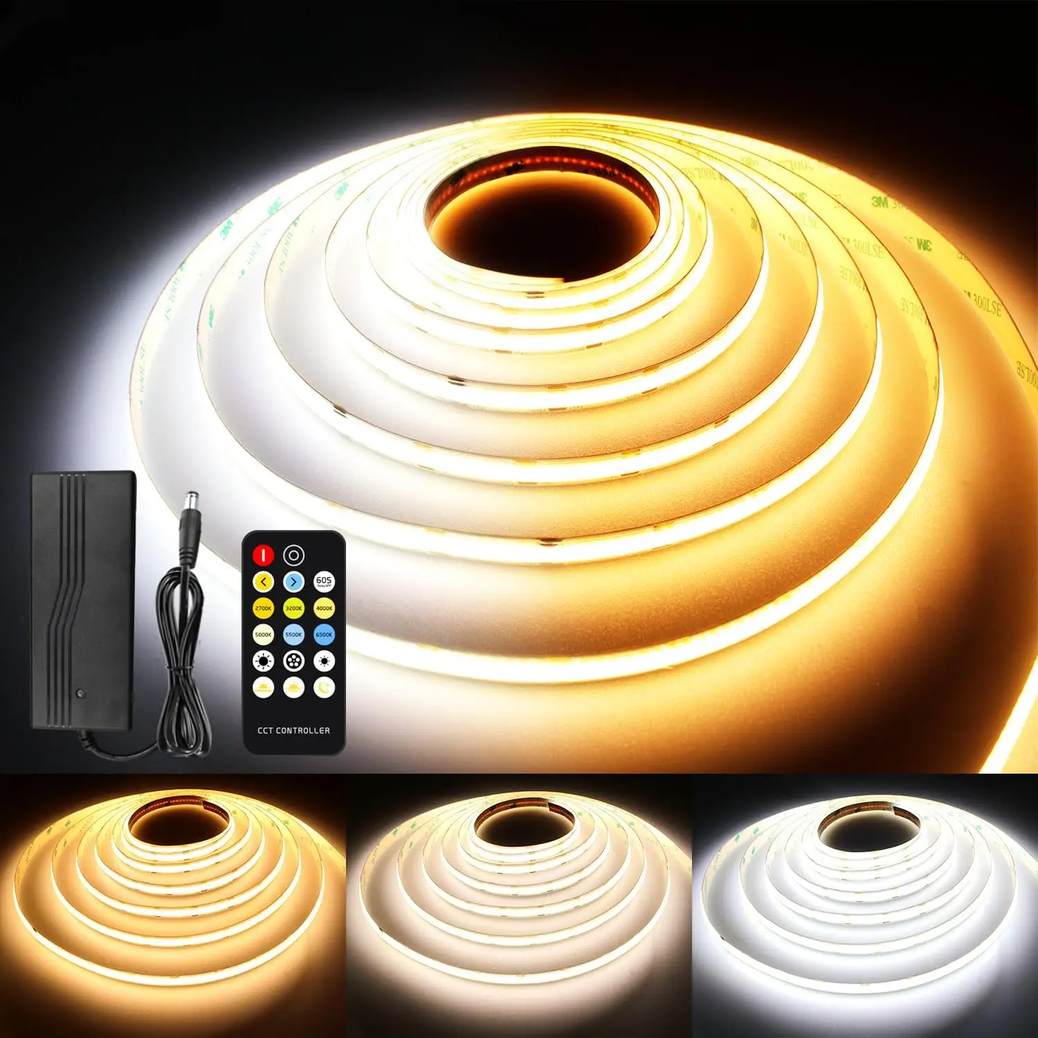 

Светодиодная лента длиной 10 м с регулируемой яркостью, настраиваемый белый свет 2700K-6500K, высокий индекс цветопередачи CRI 90+, с пультом ДУ и блоком питания для домашнего освещения