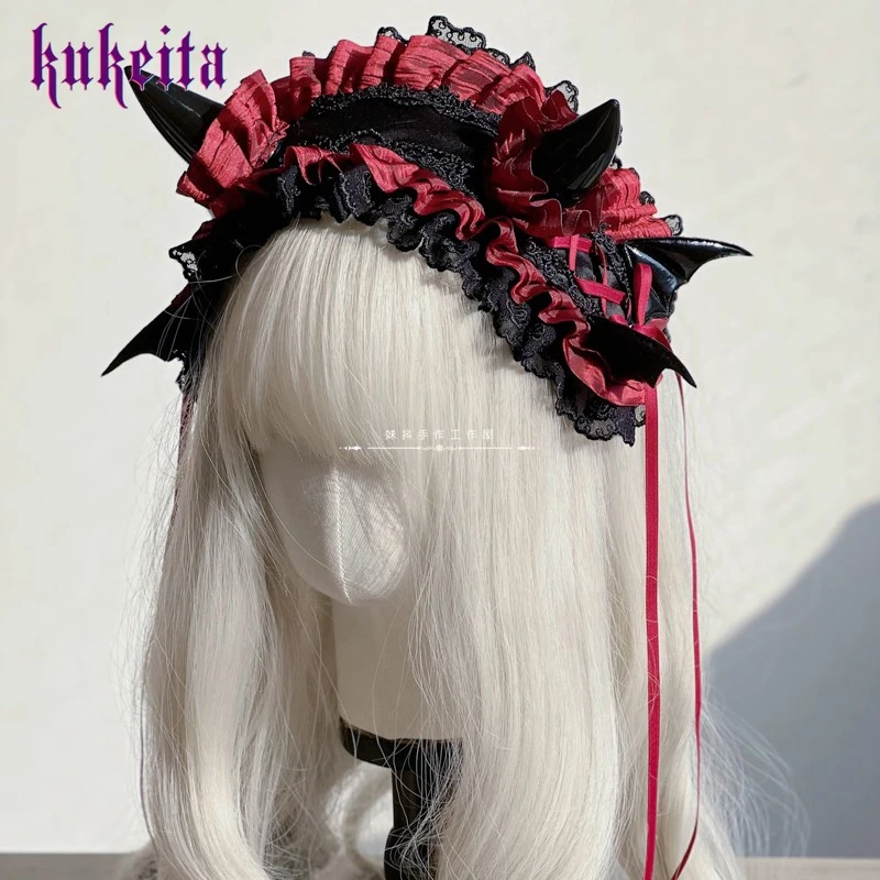 Gothic Demon Horn Bat Wings Lace-up Bow Lace Headband Lolita Cosplay Hairband Headwear Party Hair Accessory