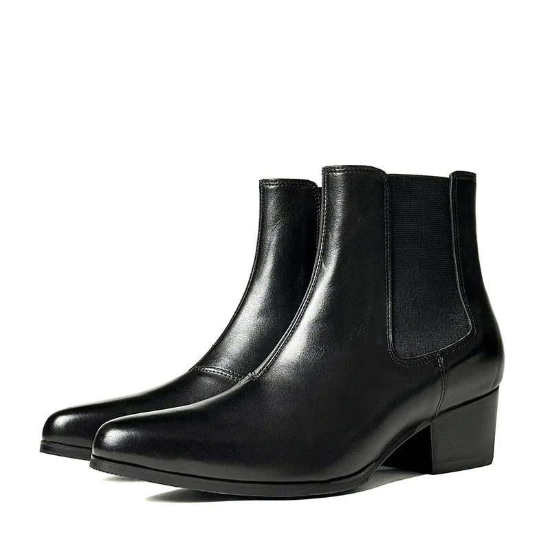 Men Black Pointed Toe Elastic Side Ankle Boots Block Heel Leather Dress Boots