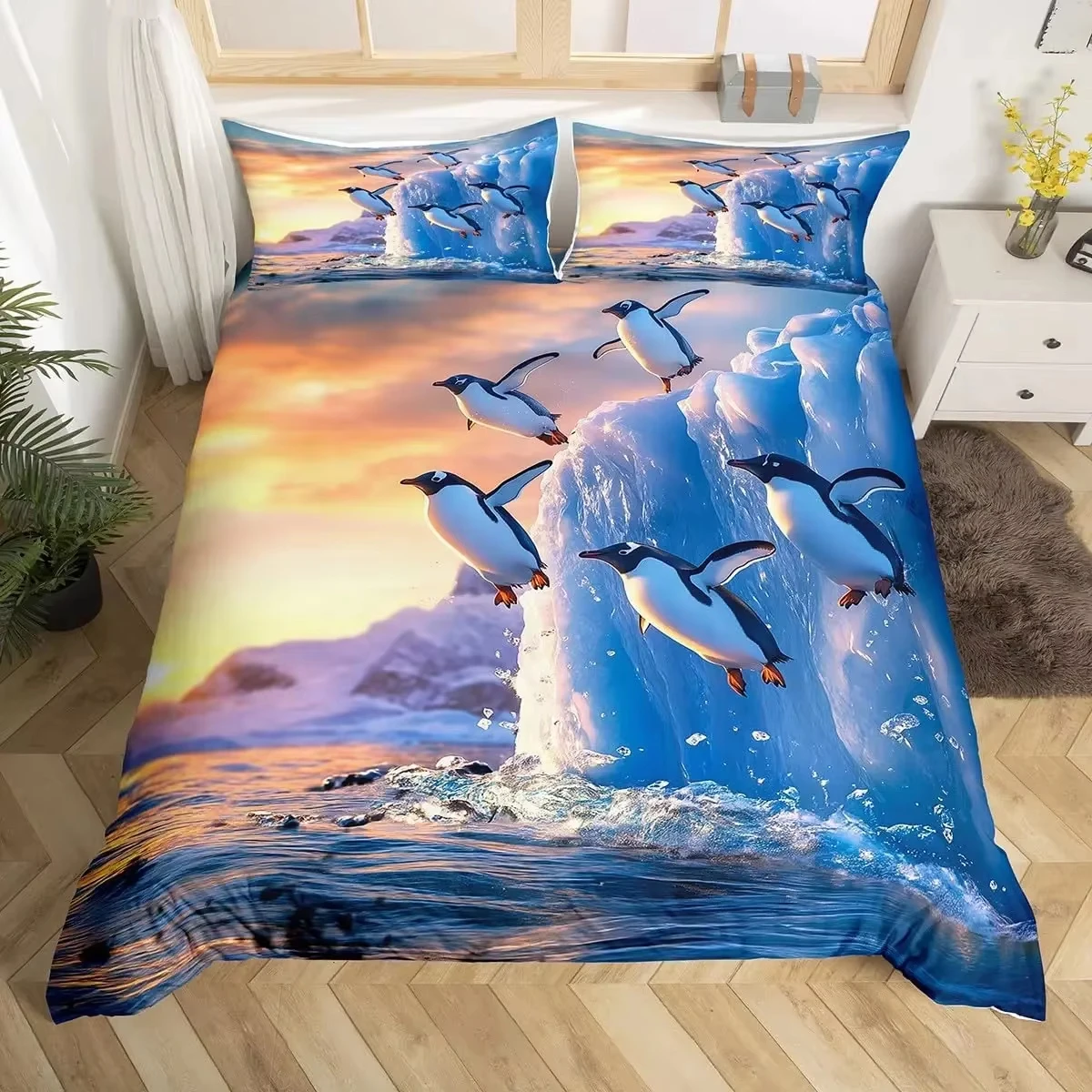 Penguin Duvet Cover Twin Queen Size Antarctic Animal Bedding Set for Kids Boys Girl Cartoon Black White Wildlife Comforter Cover