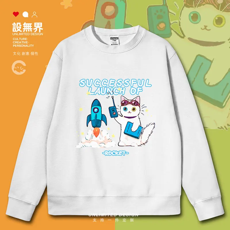 Scientist Cat Launches Rocket Fun Cartoon mens hoodies Sportswear men new casual streetwear sports white clothes autumn winter