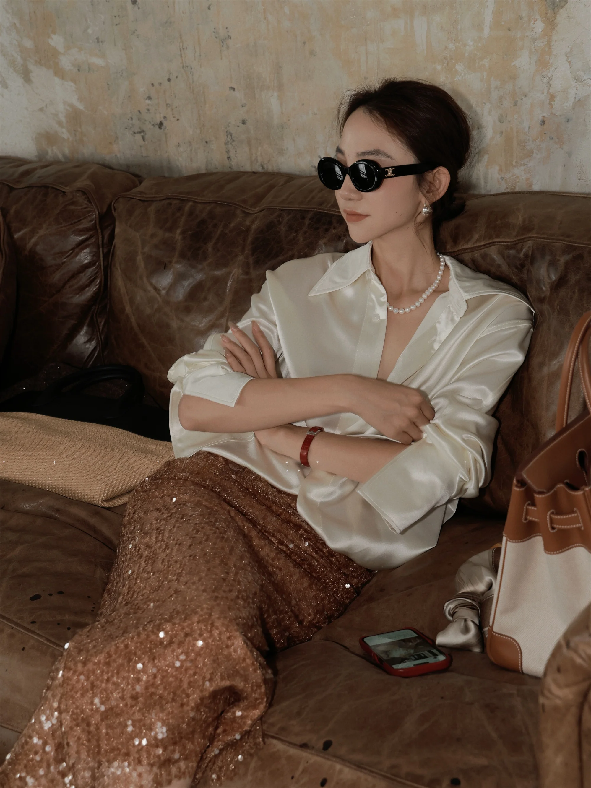 

Needop Early Autumn New High Gloss Long Sve Versatile irt Women's Ele Faionable Polyester Casual Busin Wear