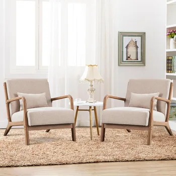 Image Arm Chairs Set of 2, Mid-Century Accent Chair Upholstered Lounge Chair Pillow and Solid Wood Frame, Linen Fabric Comfy Chairs