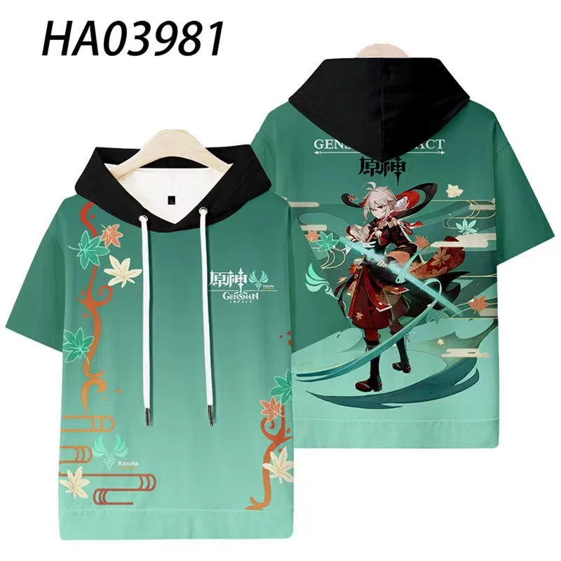 Anime Genshin Impact 3D Print Oversized T Shirt Kaedehara Kazuha Cosplay Short Sleeve Hooded T-shirt Casual Loose Pullover Tops