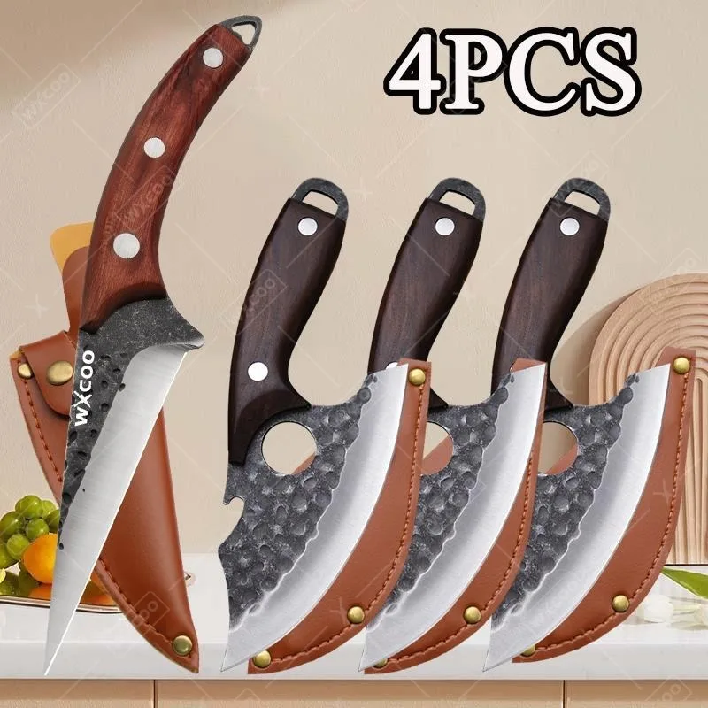 Juego de 4 Cuchillos de Cocina para Deshuesar con Funda, Cuchillos de Chef para Cortar Queso, para Viajes Familiares, Cuchillos Profesionales para Cortar Carne y Pescado