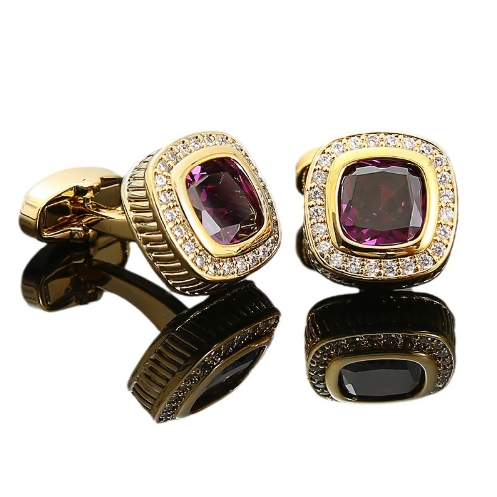 Golden Diamond Studded French Multicolored Square Gemstone Cufflinks Men's Suit Banquet Business Dress Shirt Cuff Accessories