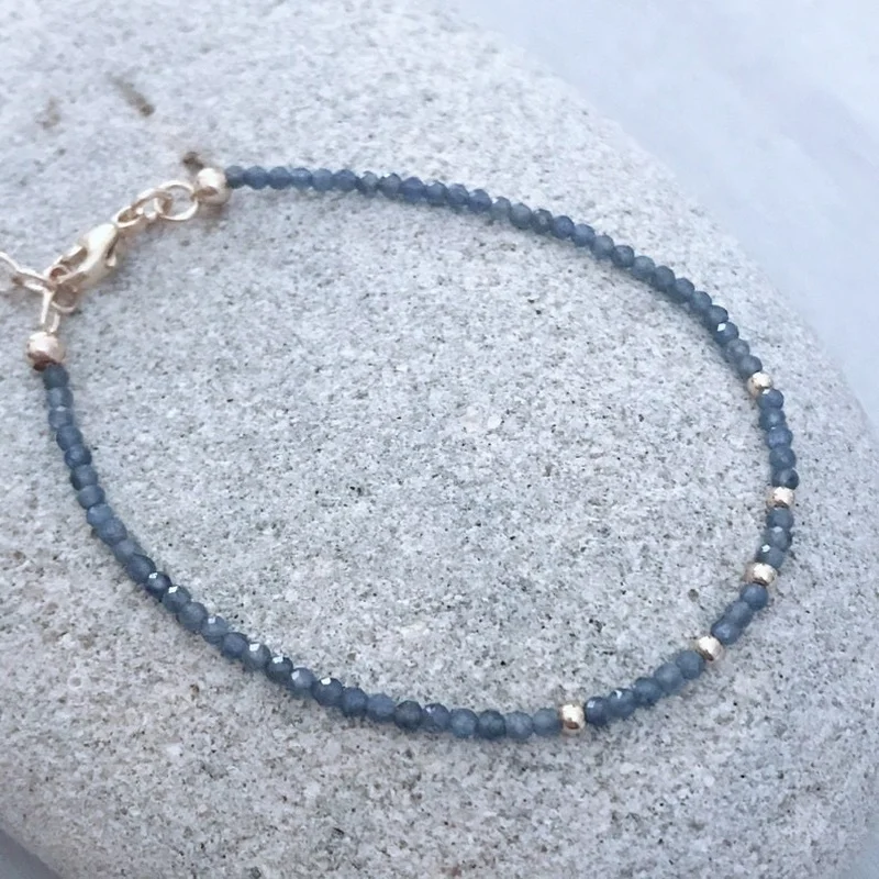 2-3MM Dainty Blue Sapphire Faceted Round Gemstone Beads Handmade Bracelets 6-8''