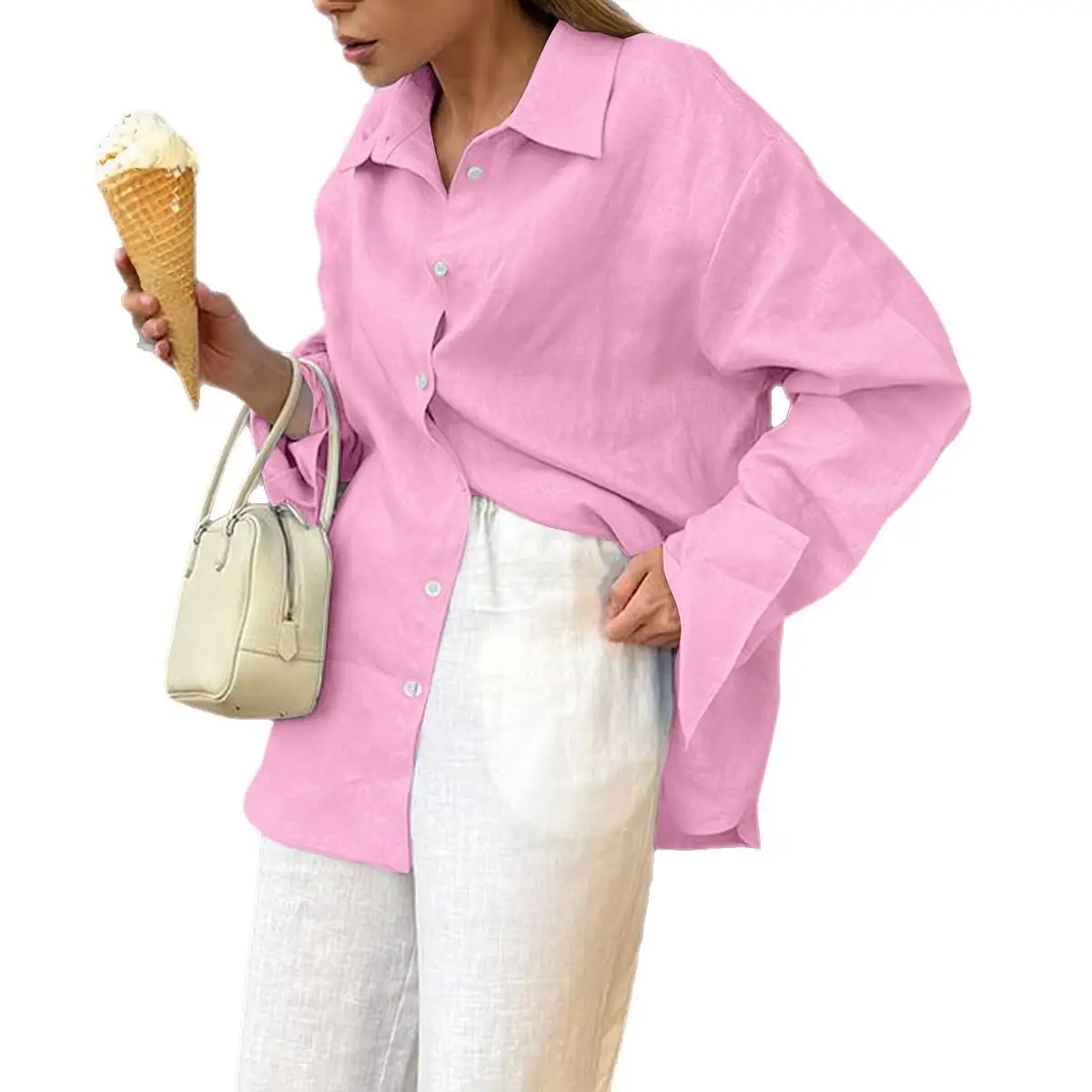 Women's Long Sve irt Small Sved Cotton Casual Faion European Sle Iron-Free Clothing Pure Color Autumn Season