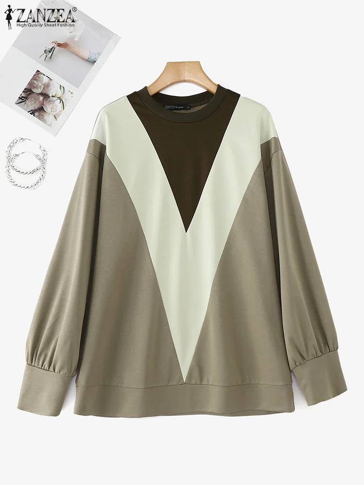 ZANZEA Casual Loose O-Neck Sweatshirts Fashion Colorblock Pullover Women Long Sleeve Drop-shoulder Hoodies Korean Style Jumpers