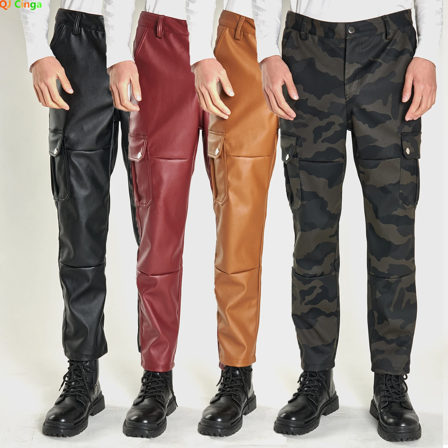 

Camouflage Casual Leather Pants, Men's Black Biker Leather Trousers, Windproof Waterproof Dirty Multi-pocket Decorative PU Pants