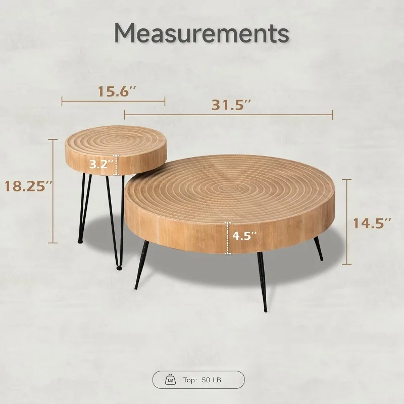 2-Piece Modern Farmhouse Living Room Coffee Table Set, Nesting Table Round Natural Finish with Handcrafted Wood Ring Motif