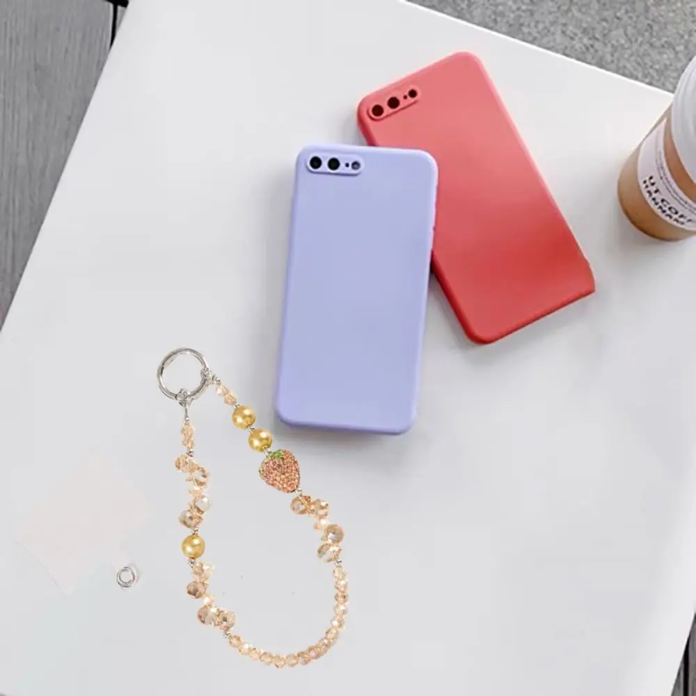 With Clip Strawberry Crystal Pendant Short Beaded Bling Strawberry Phone Chain Jewelry Ins Pearl Mobile Phone Lanyard