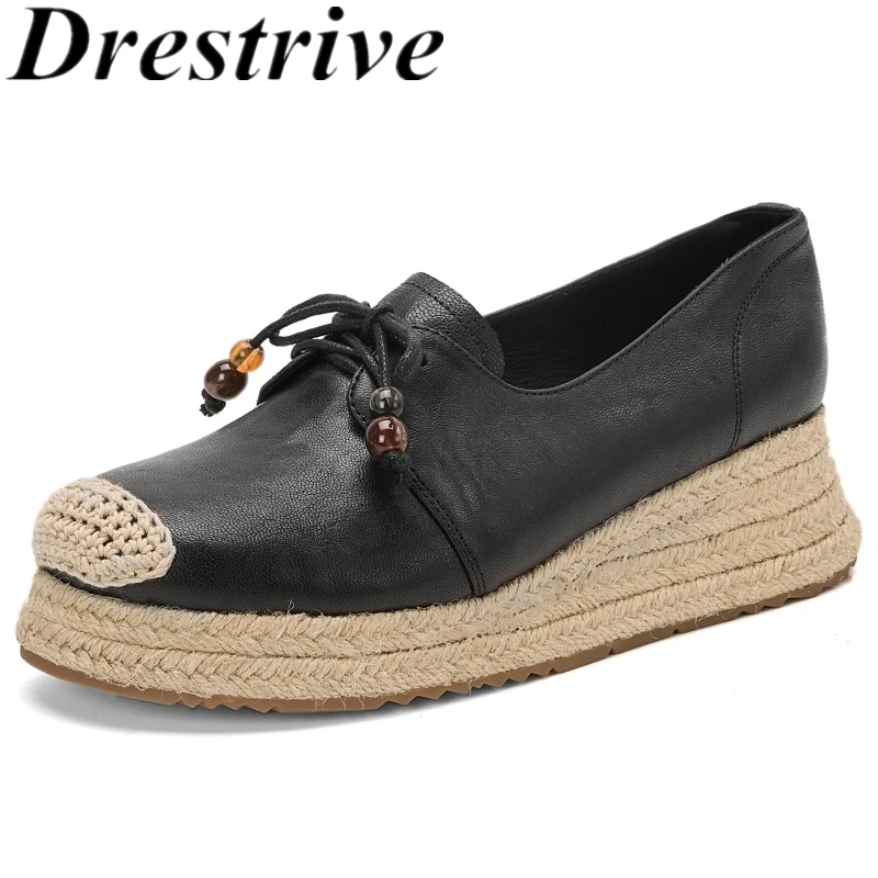 

Drestrive 2025 Fashion Loafers Sheepskin Wedges Round Toe Autumn Women's Pumps Full Genuine Leather Handmade Platform