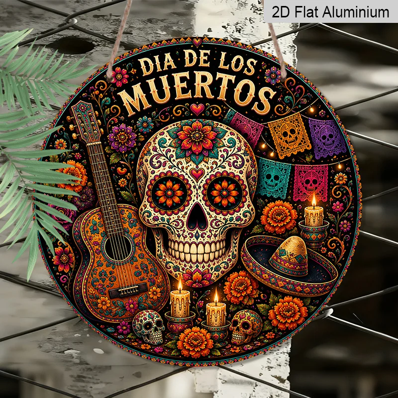 2D Flat, 1pc Spanish Halloween & Dia De Los Muertos Dual Use Decor Aluminum Hanging Sign, Mexican Sugar Skull Guitar Papel