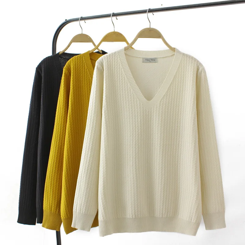 2023 Autumn Clothes Women Sweaters Plus Size Cool Ice Knitting Wavy Pattern Casual Solid Color Curve V-Neck Pullovers