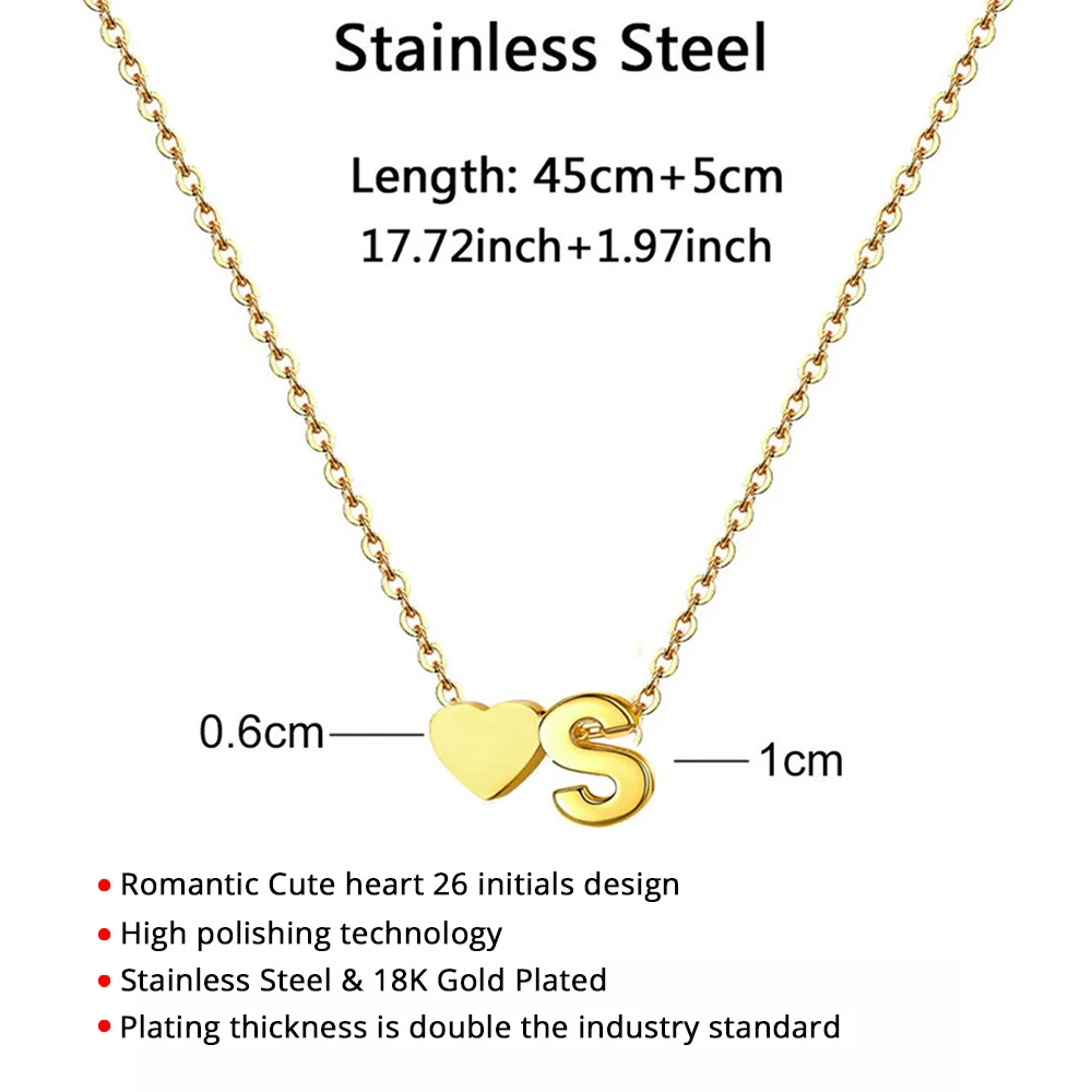 New Fashion Tiny Heart Dainty Initial 26 Letter Necklace Gold Silver Color Stainless Steel Women Girl\'s Jewelry Birthday Gift