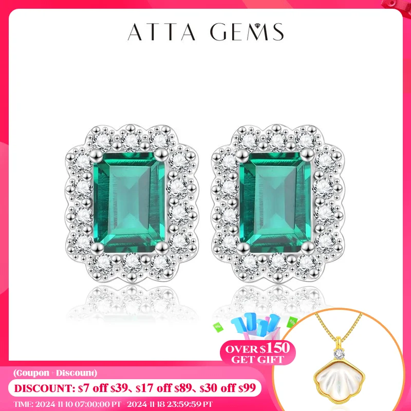 ATTAGEMS 100% 925 Sterling Silver rhodium plating Octagon Cut Emerald Zircon Diamonds Gemstone Stud Earrings Fine Jewelry