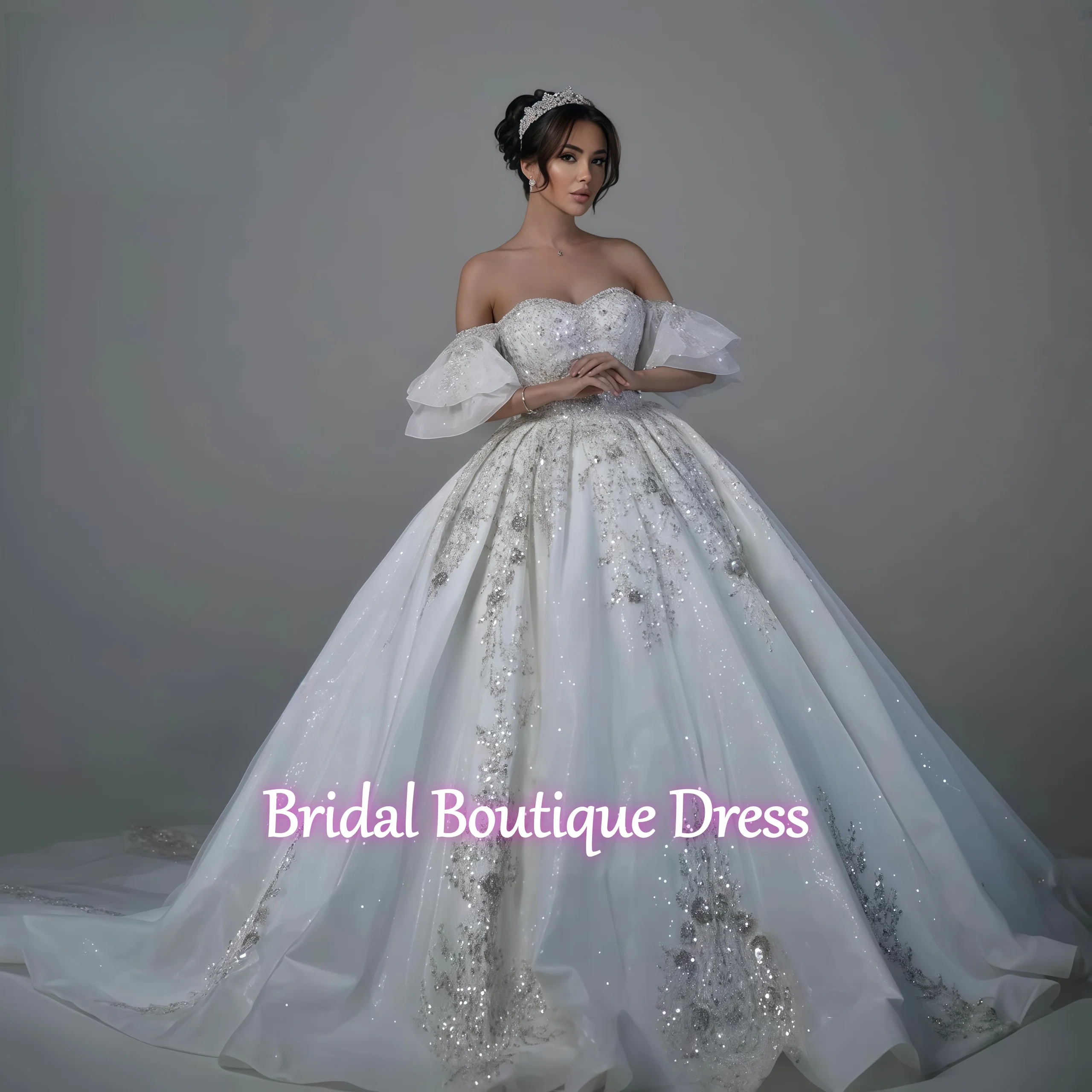 Abito da sposa personalizzato di lusso con scollo a cuore e applicazioni di perline lucide, maniche con spalle scoperte, abito da ballo, abiti da sposa Vestido De Noiva
