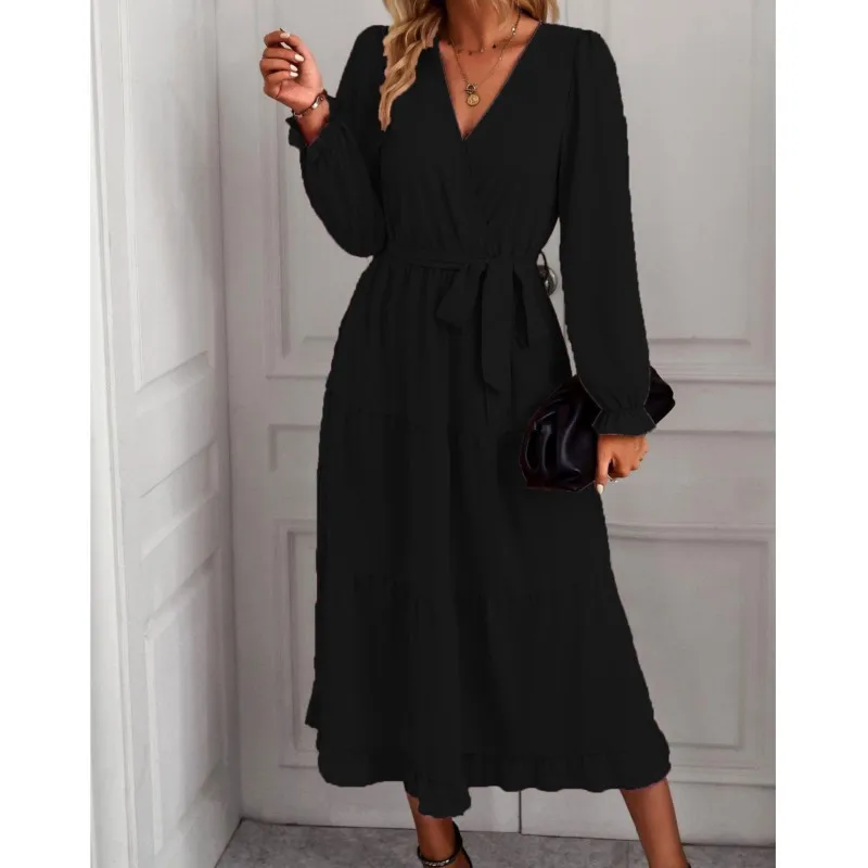 Vestido largo de otoño para mujer, vestido de Color liso con pantalla grande, mangas de burbuja con lazo elegante para mujer, vestido largo de cintura alta con cuello en V