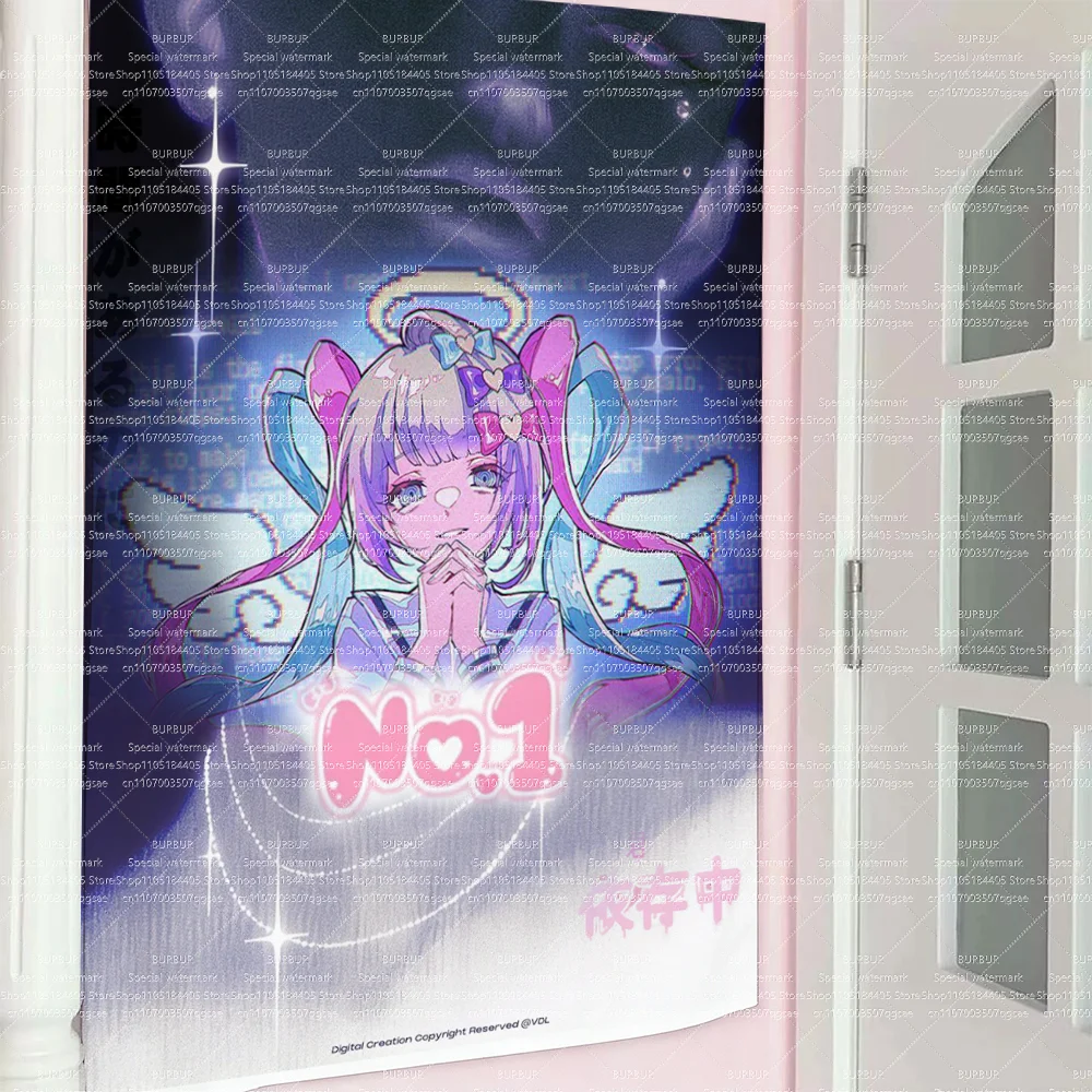 Y2K Neon Ame‑chan Anime Tapestry Glitter Cyber Girl Wall Hanging Pastel Cyber Anime Tapestry Twintail Girl Dark Glow Wall Decor