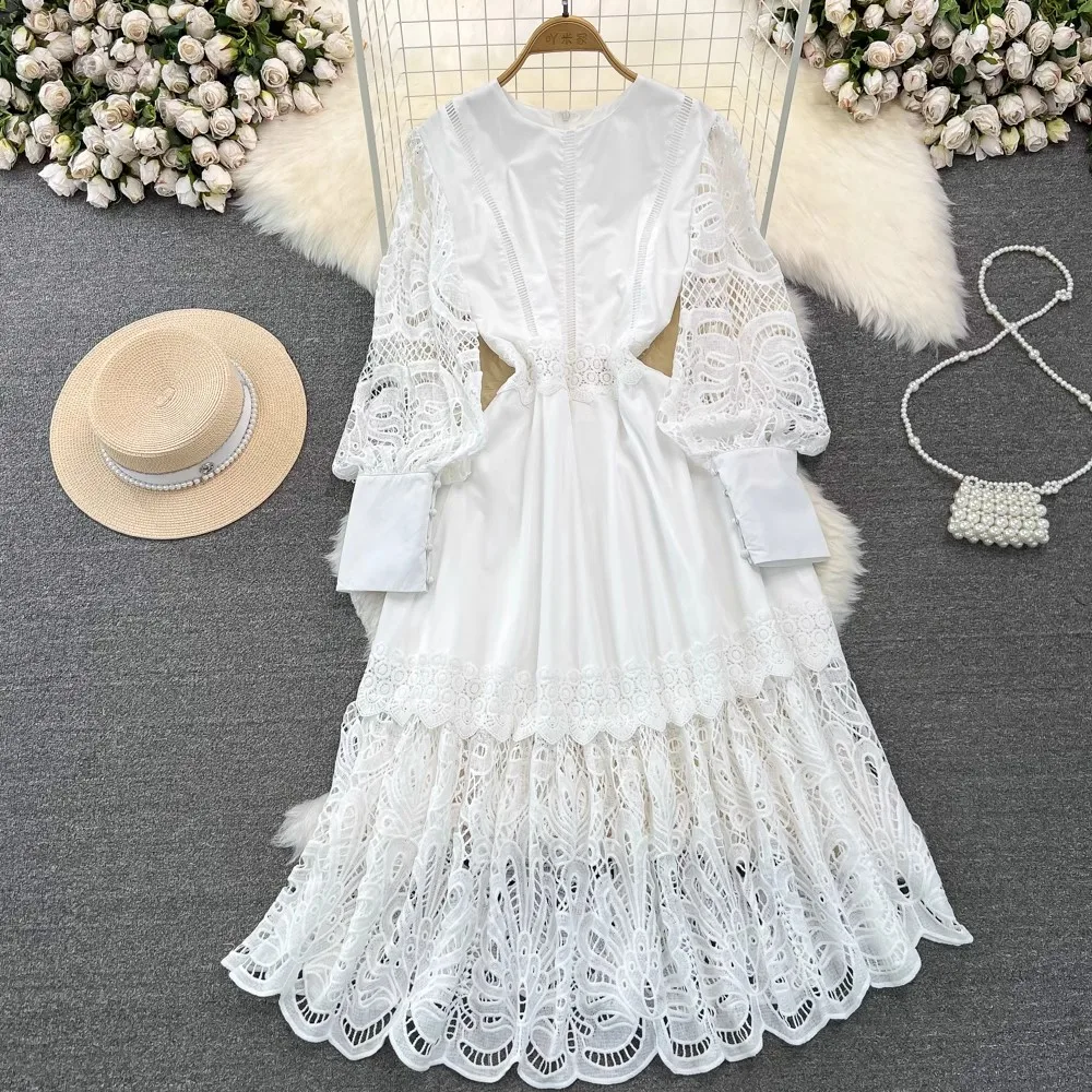 JAMERARY Runway Autumn Holiday Embroidery White Lace Prom Dress Women\'s Long Lantern Sleeve Zipper Solid Crochet Midi Vestidos