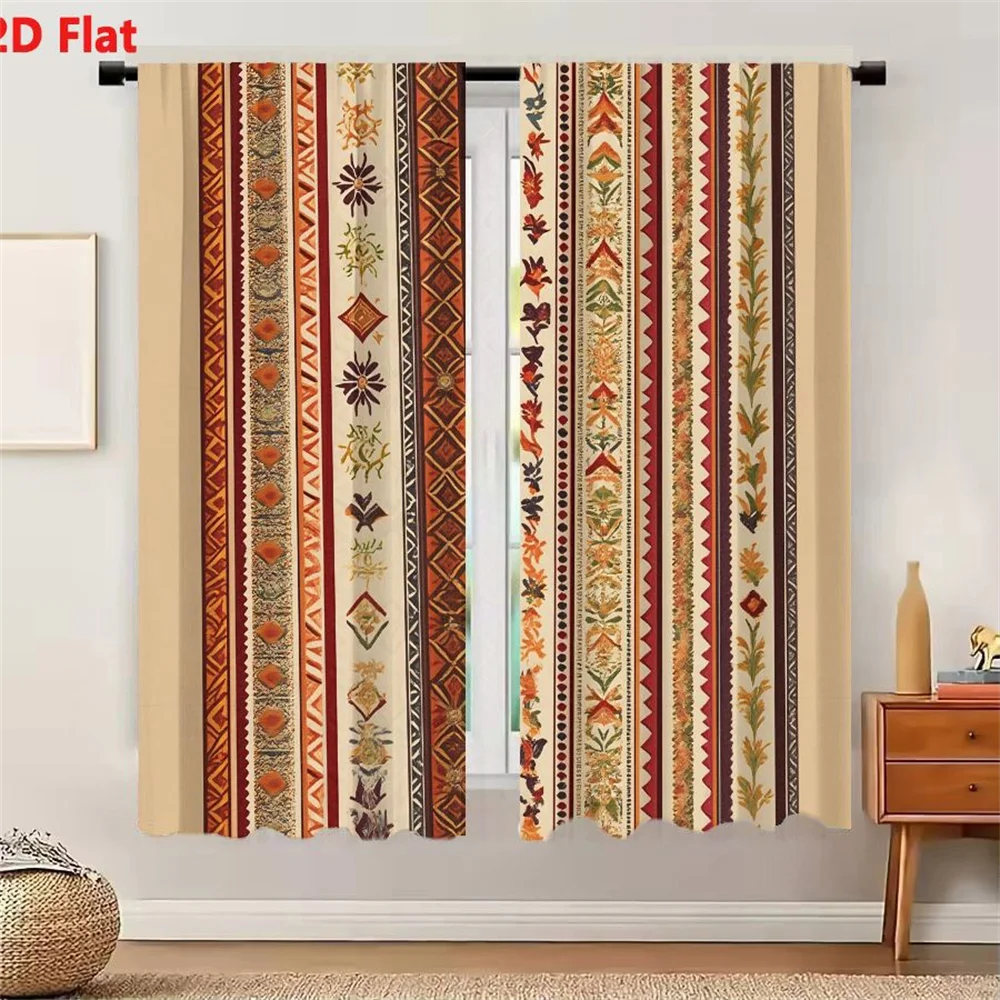 2Pcs Curtains Vertical Terracotta Rust Ochre Folk Art Kilim Stripe Rug With Geometric Floral Motifs Window Drapes for Bedroom Ro