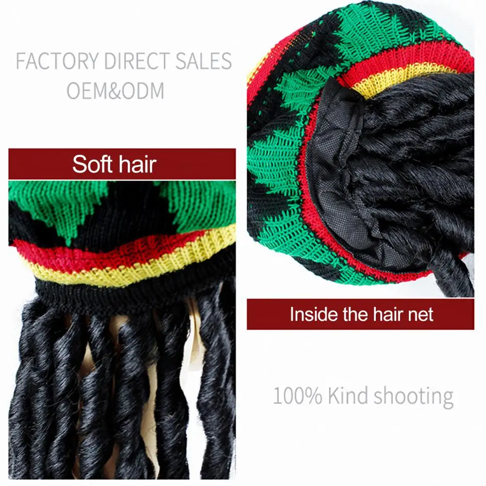 Reggae Hat with Black Dreadlocks Comfortable Braid Hat Wig Ethnic Style Reggae Beret Woolen Knitting Hat for Halloween Costume