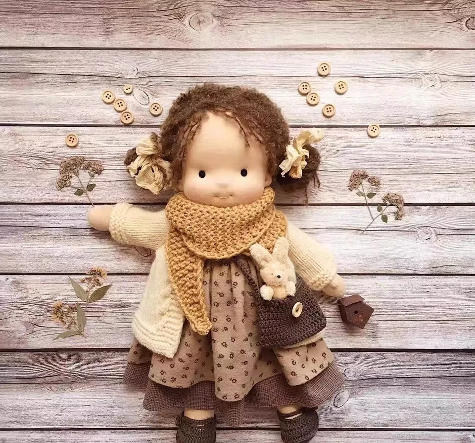 

Handmade Soft Plush Stuffed Doll With Knitted Hat Scarf Button-Up Wool Sweater Lace Trimmed Dress, Birthday And Christmas Gift