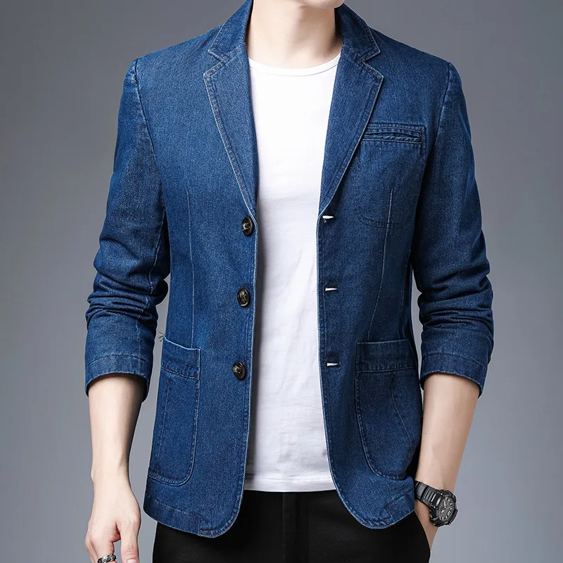 100% Cotton Brand Casual Washed Denim Blazer Men Slim Fit Soft Blue Mens Brazer Black Suit Jacket Classic Notched Collar Button