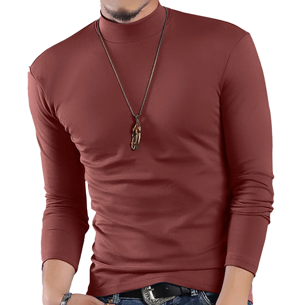 Autumn Winter Men\'s Half Turtleneck T-Shirts Solid Color Pullovers Top Long Sleeve T-Shirt Slim Fit Tees Men Undershirt