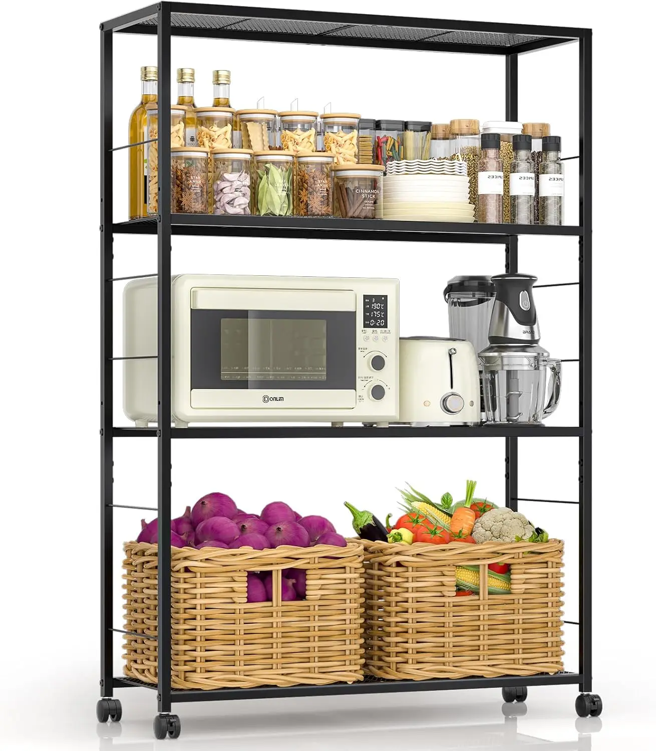 

4-Tier Rolling Metal Shelving Unit with Adjustable Black Shelves for Kitchen, Garage, Pantry & Closet Organizer