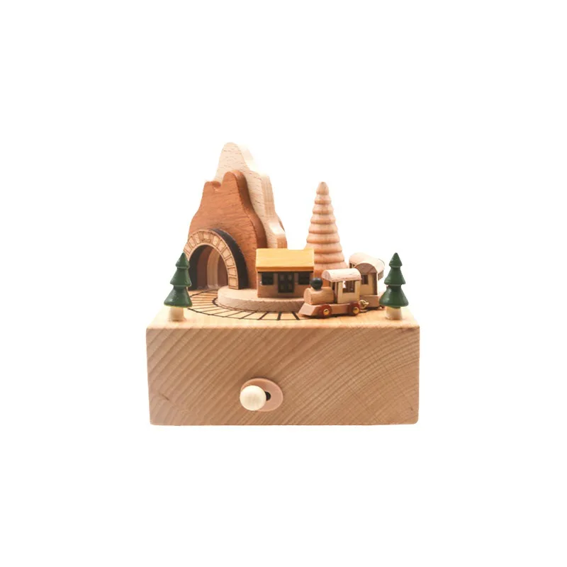 

&c 12.5X11X11CM Handcrafted Wooden Mountain Cave Miniature Train Musical Home Decor Ornament