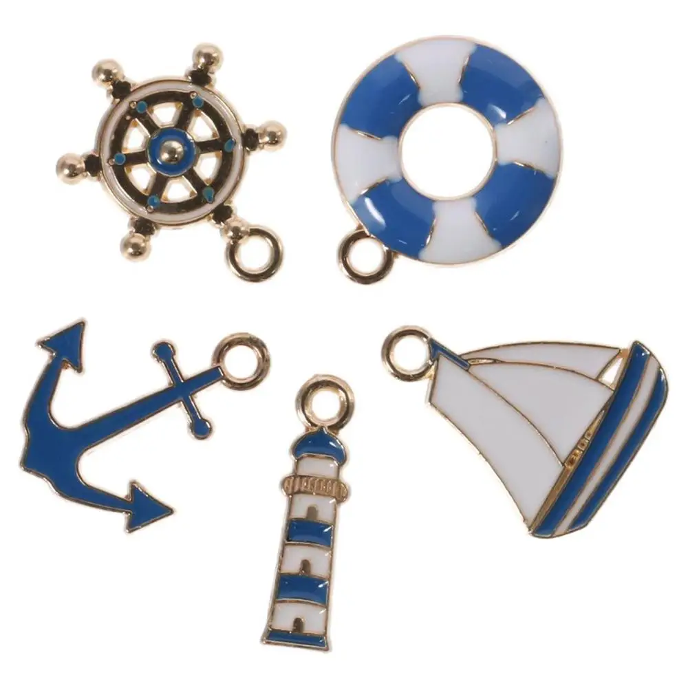 50pcs Alloy Nautical Collection Charms Lighthouse, Lifebuoy, Rudder, Anchor and Sailboat about 18mm in Length Alloy Anchor Charm