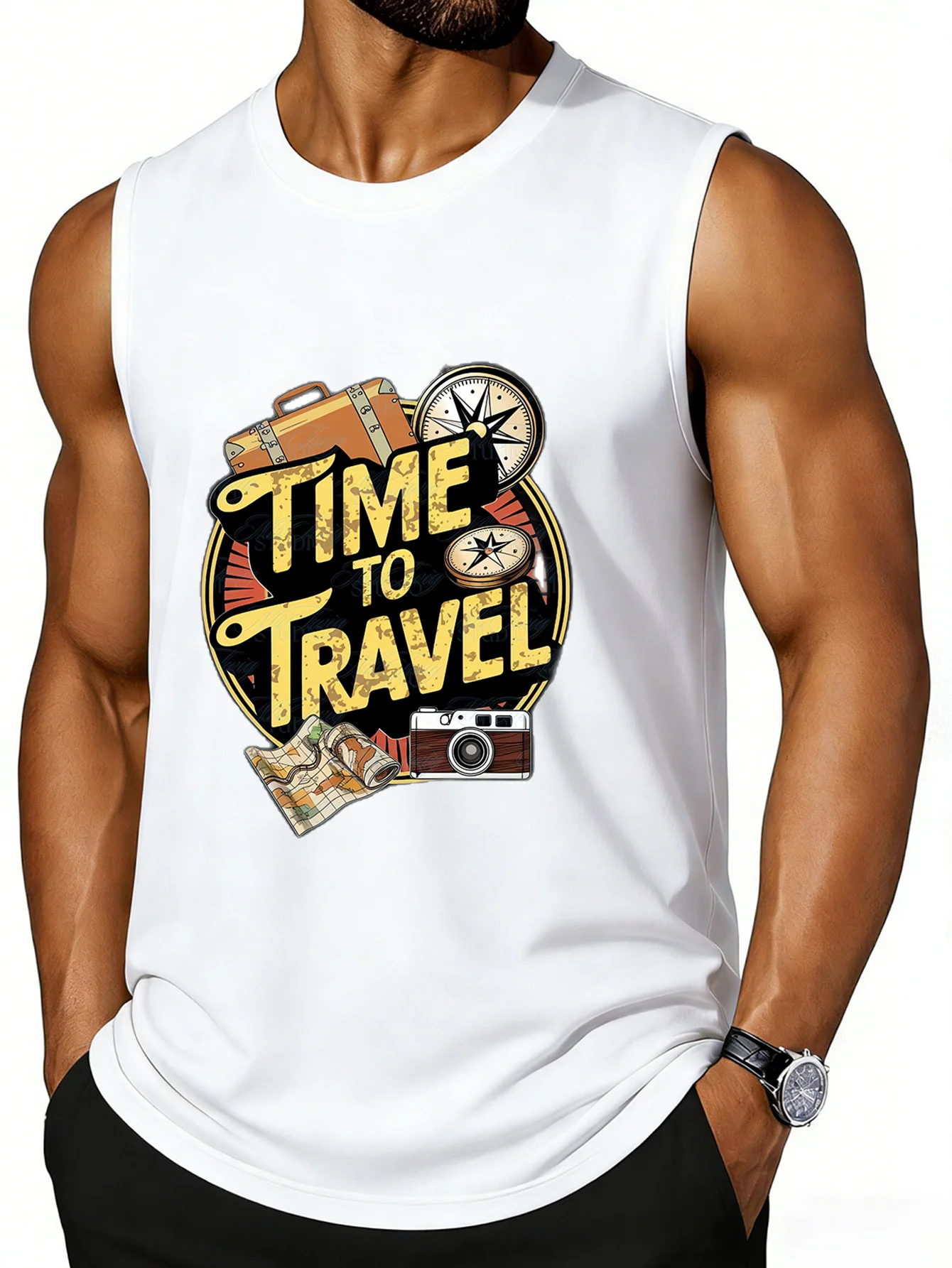 CLOOCL TIME TO TEAVEL Printed Vest Fashion Sports Vests Summer Men's Sleeveless T-Shirt Casual Top