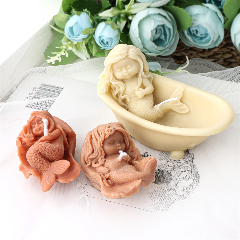 3D Mermaid Candle Silicone Mold Mermaid of Shell Desig Aroma Soap Resin Plaster Mould Sleeping Baby Mermaid Soap Mold Home Decor