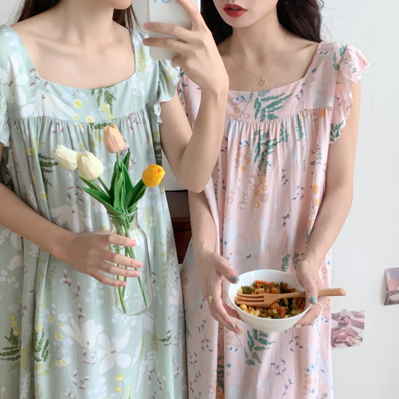 Sleeping Dress Women\'s Summer Nightgowns Thin Cotton Loose Sleeveless Nightdress Sweet Printed Girls Night Wear Home Clothing