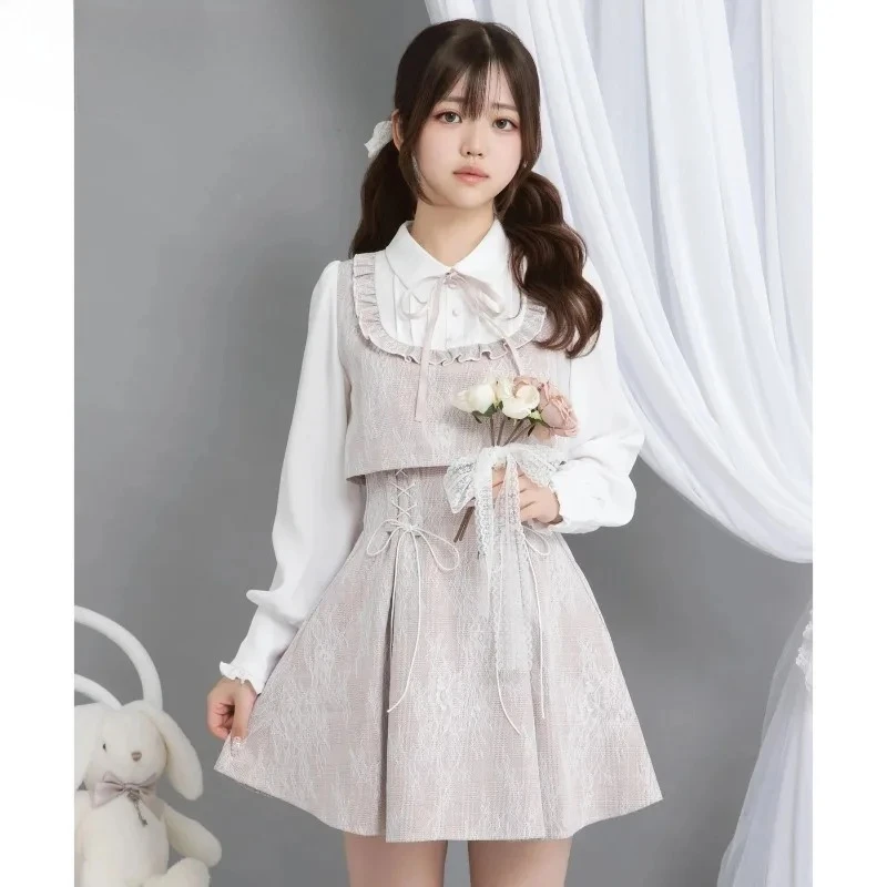 Robe en dentelle pour filles, nouvelle collection automne hiver, polyvalente, douce, chemise épissure, faux deux pièces, frais, taille haute, Slim, manches longues