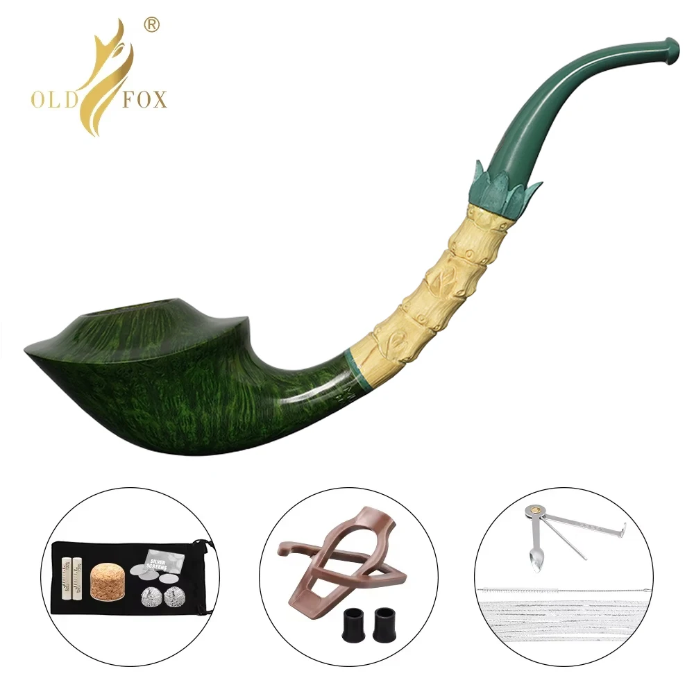 OLD FOX handmade briar wood pipe bamboo pipe handle dark green pipe handle freestyle pipe father's day gift