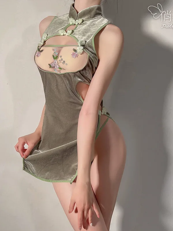 فستان صغير شبكي دانتيل مطرز بالزهور ملابس داخلية مثيرة شيونغسام منظور الصدر عالي الخصر سبليت فستان موحد أنيق 8XBU