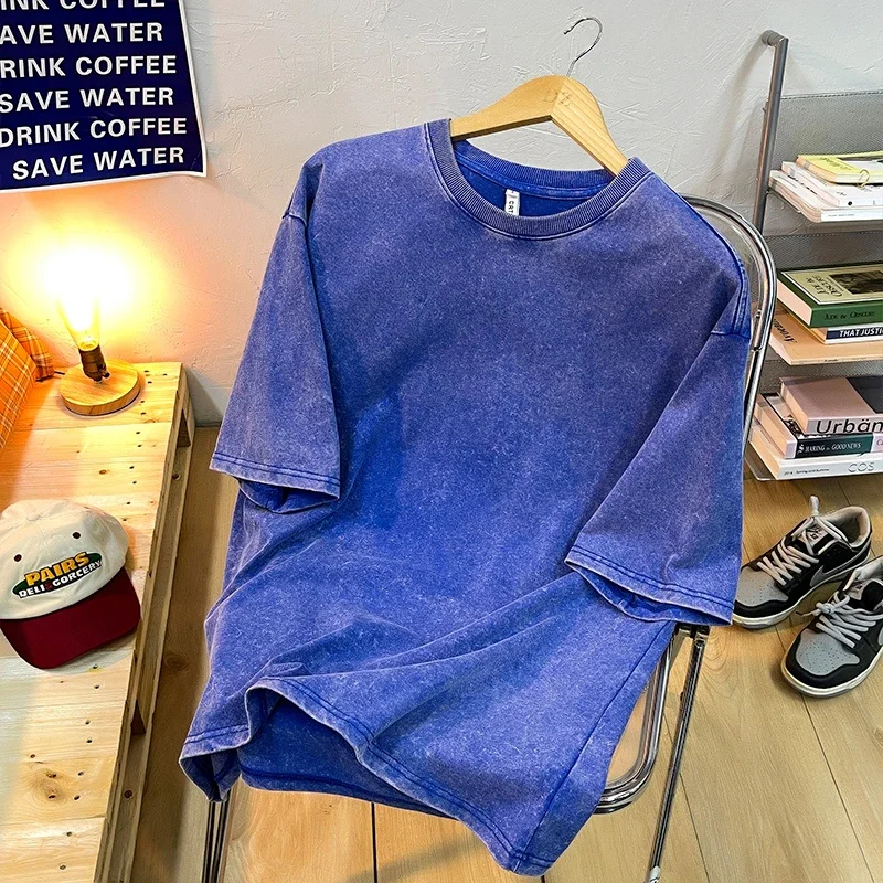 American Style Retro Heavyweight Solid Color Short Sleeved T-shirt Men Women Summer Street Trendy Washed Old Oversized Clothes image 4