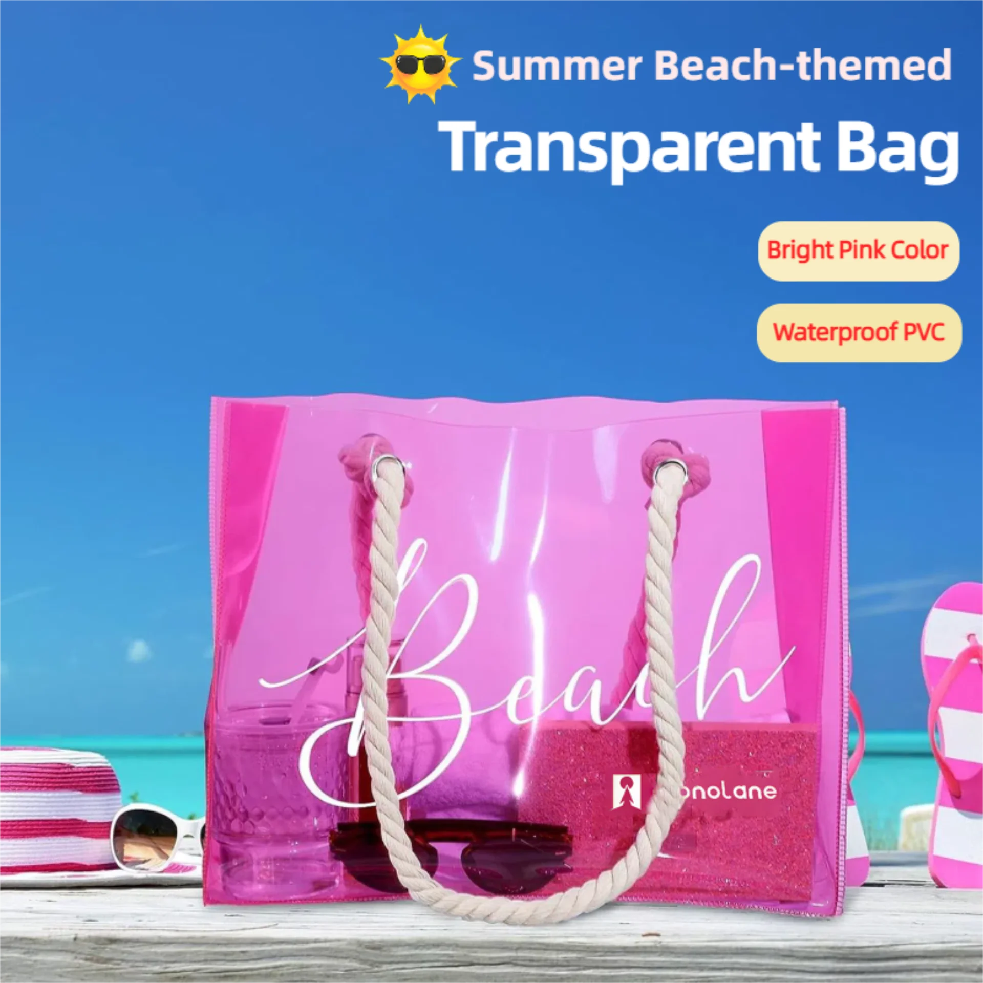 4 Pieces Pink transparent PVC beach tote, Swimming Shopping Party gift bag large capacity portable,  bag for vacation