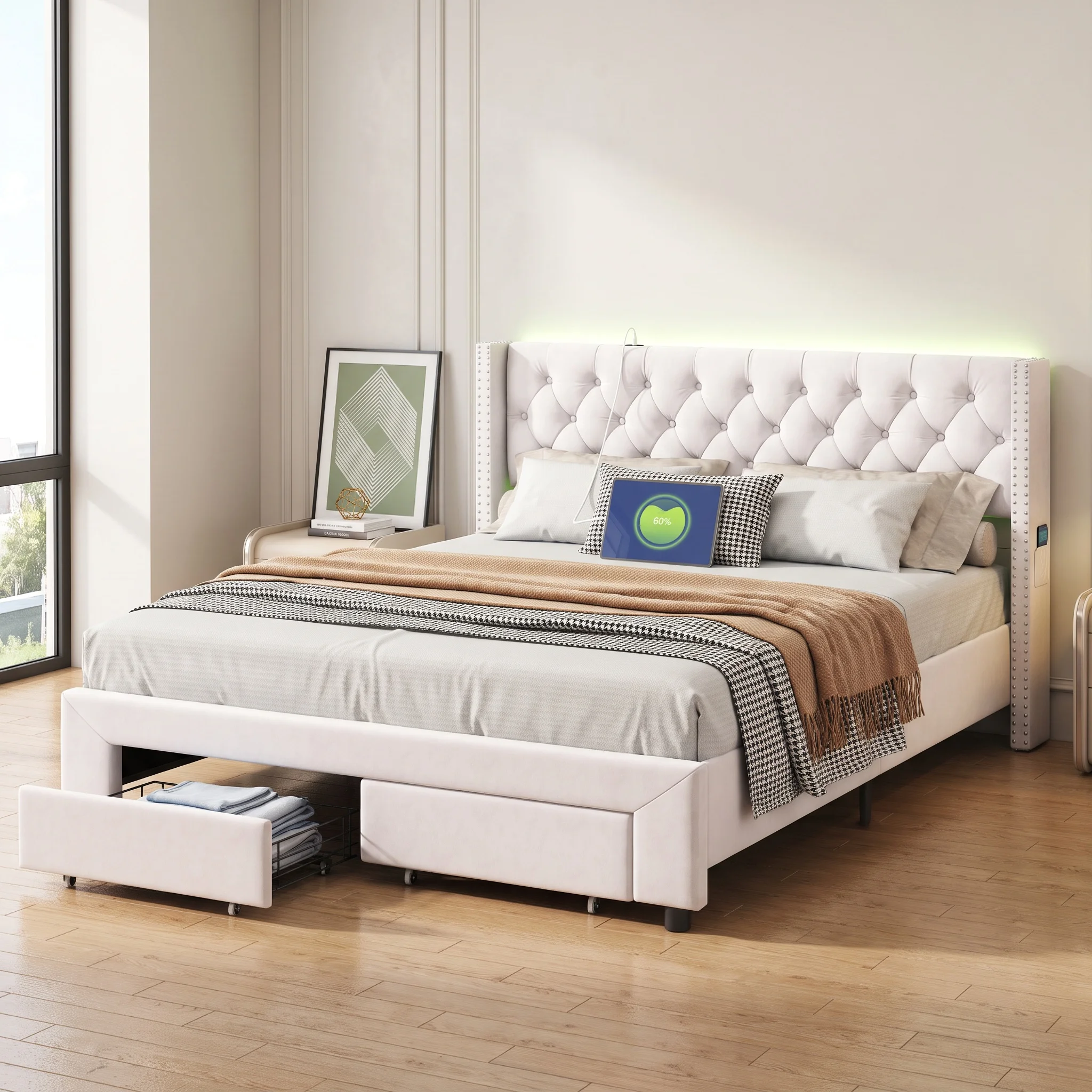 Superaly 180x200cm Jugendbett, Doppelbett, Polsterbett mit Nagelkopfverzierung, 4 Eisenschubladen, Lattenrost, Bettgestell, Samt, Beige