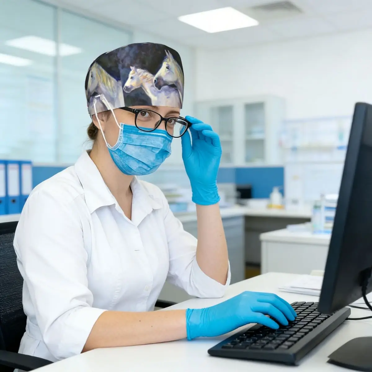 Double Horse Portrait Design Scrub Hat Doctor Working Surgical Cap Men Women Adjustable Nursing Caps for Dentist